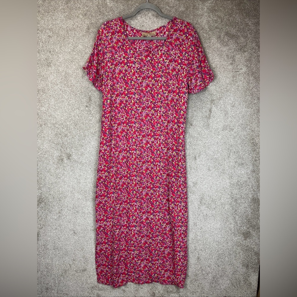 Sacred Threads Vintage Dress Womens M/L Pink Floral Maxi Short Sleeve- 3972